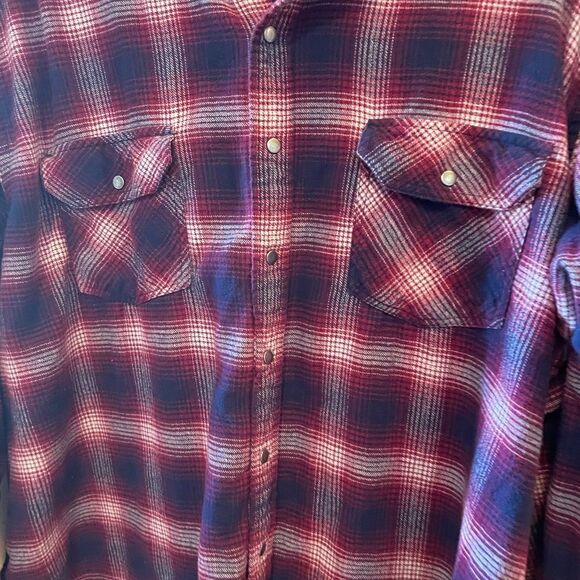 HB Men’s Maroon Navy Metal Snap Flannel Long Sleeved Shirt 2XLT - Picture 4 of 14